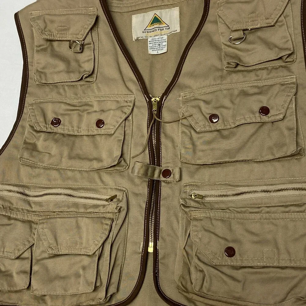 Stansport Vintage Outdoor Fish Hunt Angler Utility Pocket Pouch Vest Tan Brown L